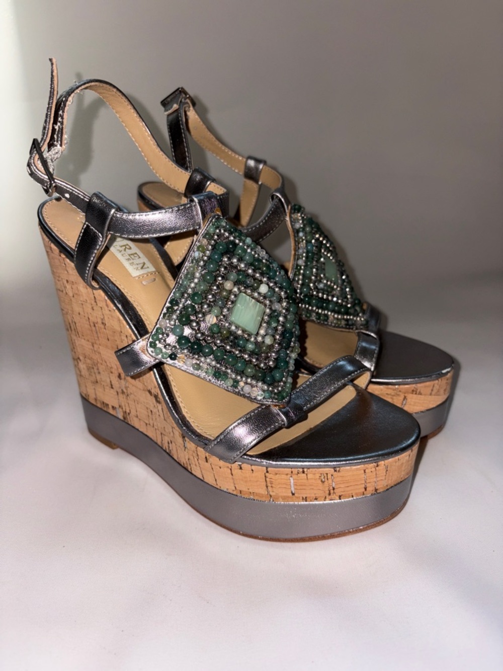 Lauren Ralph Lauren Mattie Metallic Silver‎ Beaded Cork Wedge Sandals Size 6.5